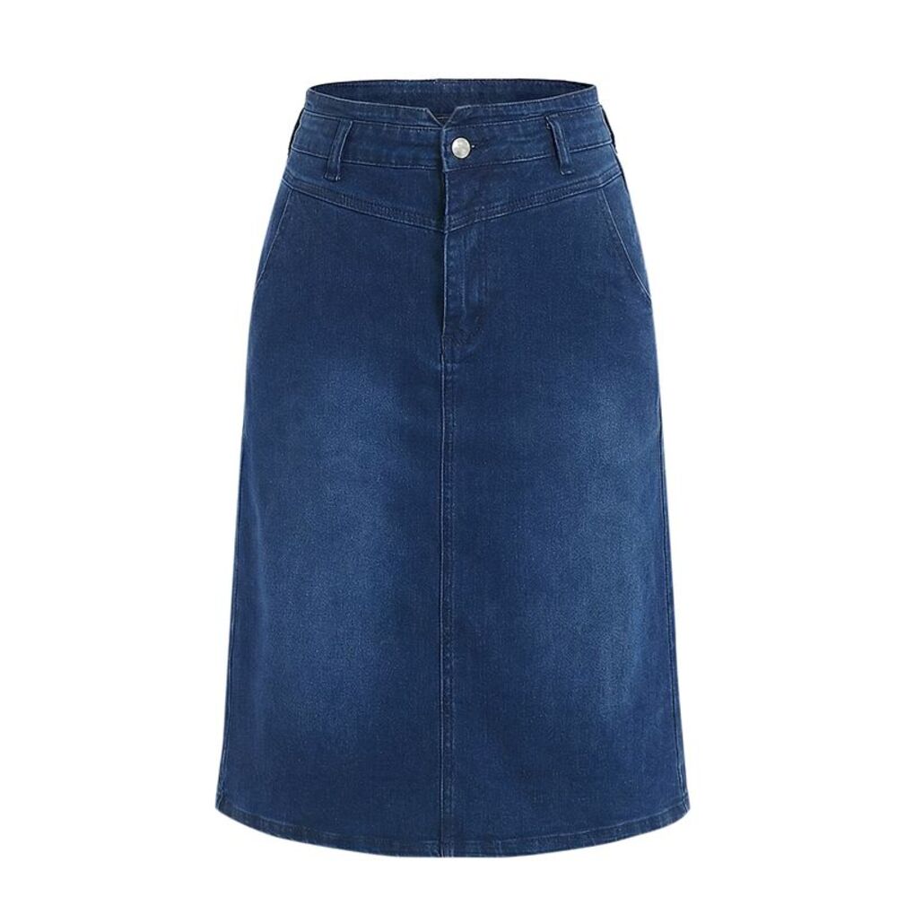 Women Stretchy Below Knee Length Jean Skirt Denim Skirt Dark Blue